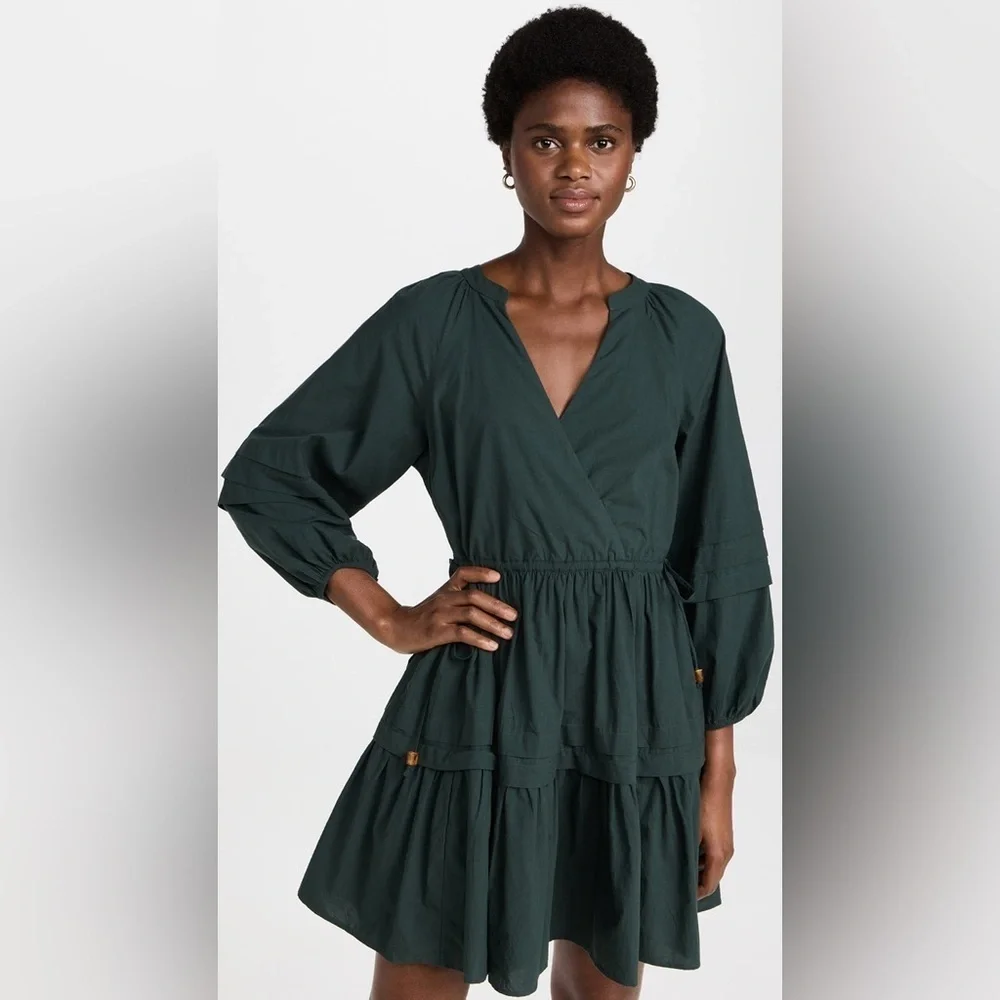Madewell Long Sleeve Mini Dress Poplin Cotton Wrap Green Casual Quiet Luxury - Picture 7 of 13